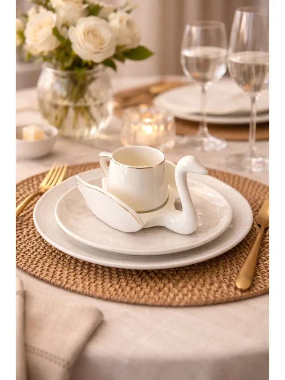 New White W/ Gold Rim Swan Shaped Expresso Cup Beverage Coffee